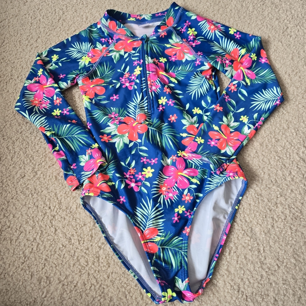 Kids Floral Long-Sleeve One-Piece Swimsuit - Navy with Pink Flowers